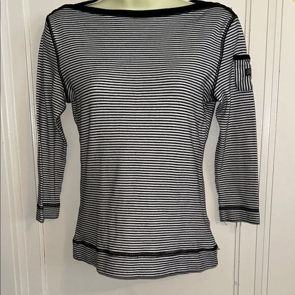 Lauren Ralph Lauren Jeans Co Black & White Striped Knit Top with 3/4 Sleeves - Picture 1 of 9
